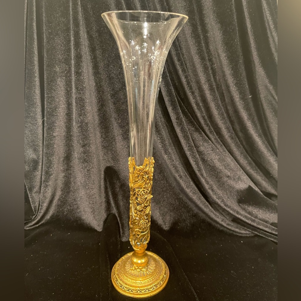 Vintage Ormolu vase with glass trumpet shaped insert.
